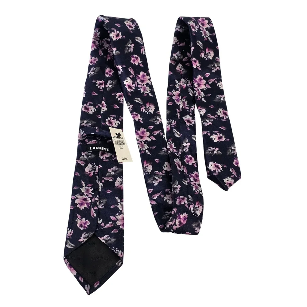 Express Mens Navy Blue Purple Floral 100% Silk Slim Necktie 57L x 2.75W NEW
